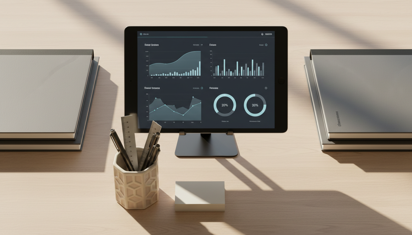 A polished, dark slate tablet displaying a dynamic, minimalist dashboard interface filled with elegant graphs and charts in gentle blue and gray hues. The tablet rests on an unobtrusive metal stand atop a smooth, light ash wood desk, surrounded by neatly stacked technical documentation and a geometric ceramic organizer holding stationery. Soft, diffused afternoon daylight pours in from a nearby window, creating soft highlights on the tablet’s edge and subtle, elongated shadows. The scene exudes calm efficiency and precision. Photographed from a top-down bird’s eye view with symmetrical composition, the image embodies balance, clarity, and a structured, high-end business aesthetic relevant to enterprise software development.