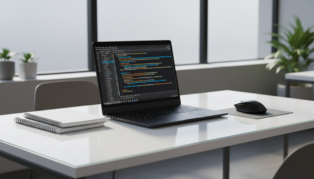 A sleek, matte black laptop with a brushed aluminum finish, displaying a vibrant code editor interface on its ultra-thin screen. The device is set atop a minimalist white glass desk, with an orderly arrangement of notebooks and a wireless mouse nearby. Subtle daylight filters through a frosted office window, casting gentle, diffuse shadows that emphasize the desk's clean lines. The atmosphere is focused and professional, projecting calm competence. Framed from an eye-level angle with a slight offset to the right, the composition uses the rule of thirds. The style is photographic realism with a clear, structured layout and neutral tones, perfectly echoing a modern corporate software development workspace.